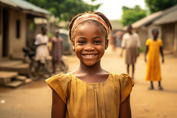 portrait of smiling african girl in a rural village looking at the camera - obrazy, fototapety, plakaty