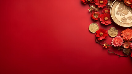 Background with copy space with chinese new year theme with red colors and flowers - obrazy, fototapety, plakaty