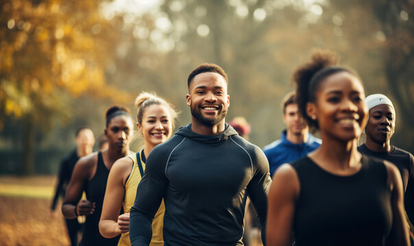 group of multiracial friends jogging and exercise in the park