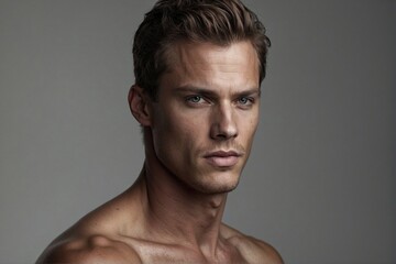 Obraz premium Stylish Portrait of a Handsome Man with a Model Hairstyle and Bare Torso