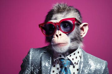 stylish monkey with glasses suit and tie on pink violet background - obrazy, fototapety, plakaty