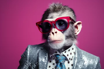 Rolgordijnen stylish monkey with glasses suit and tie on pink violet background © mr_marcom