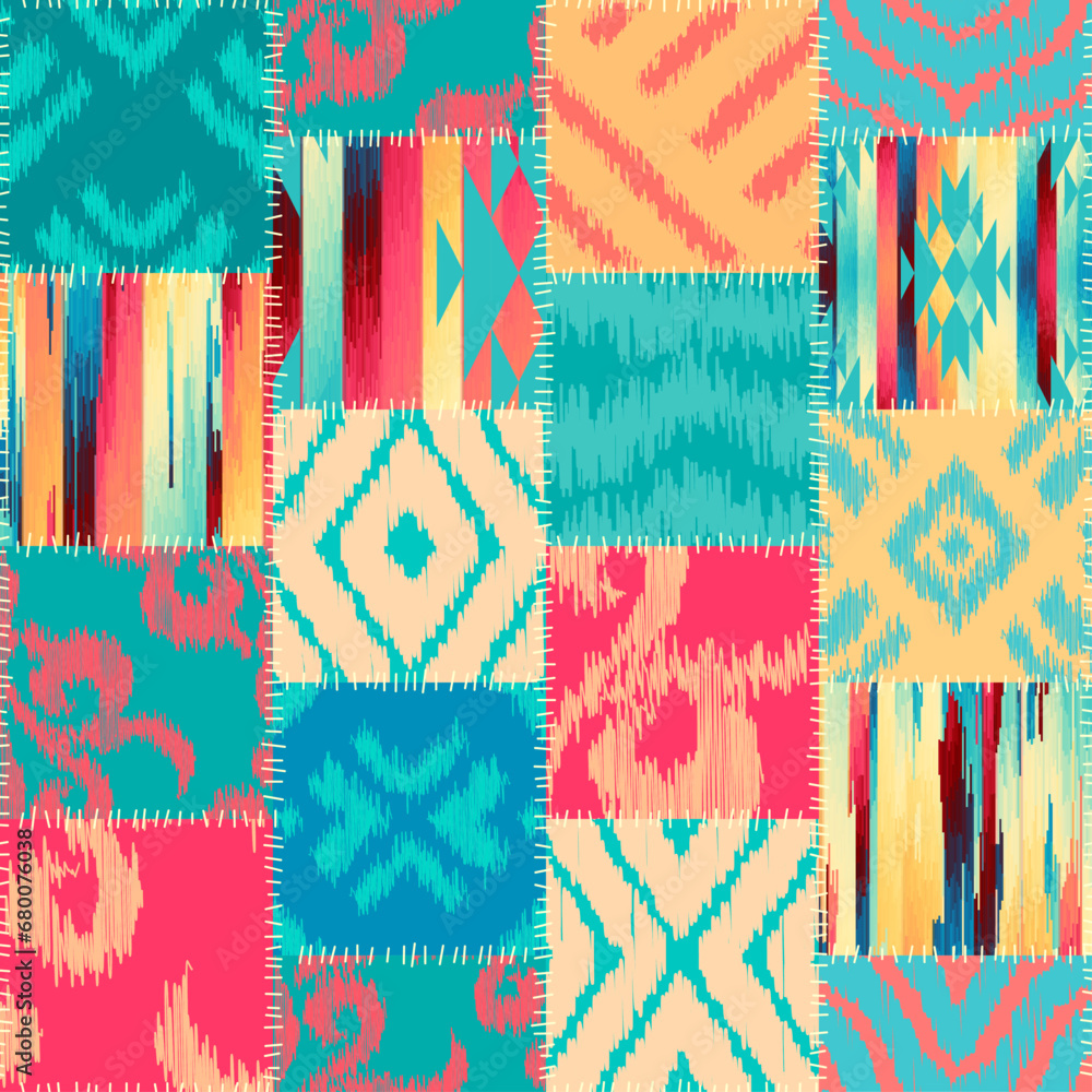 Fototapete quilting design patchwork pattern in traditional ikat style. vector pattern.