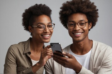 Happy young African American man and woman with a new smartphone. - obrazy, fototapety, plakaty