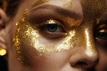 Close-up beauty portrait of a gorgeous young European woman with golden makeup and golden glitter.