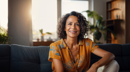 Senior latina woman happy sitting on her sofa in the living room at home, smiling retired pensioner healthy mature woman hd - obrazy, fototapety, plakaty