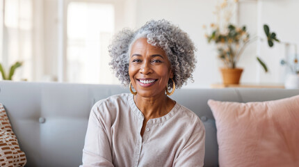 Senior african american woman happy sitting on her sofa in the living room at home, smiling retired pensioner, healthy mature black woman hd - Powered by Adobe