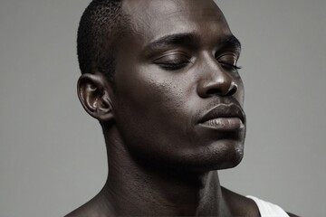 Obraz premium Stylish portrait of a pensive young African American man with flawless, clean-shaven skin.