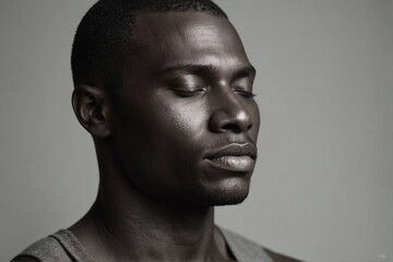 Obraz premium Stylish portrait of a pensive young African American man with flawless, clean-shaven skin.