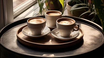 Three cups of coffee are arranged on a tray