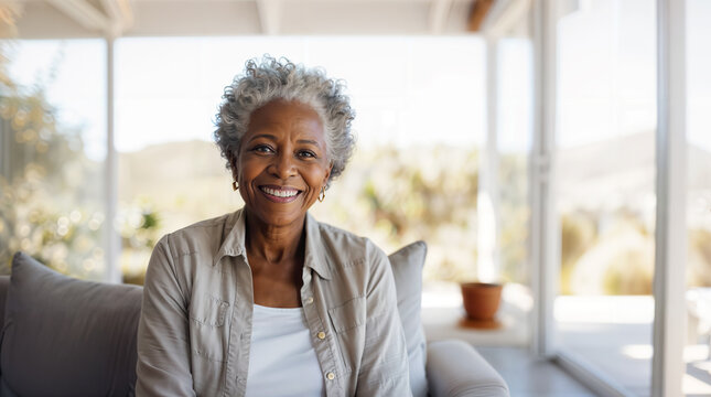 Senior african american woman happy sitting on her sofa in the living room at home, smiling retired pensioner, healthy mature black woman hd