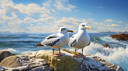 Three seagulls sitting on a rock in the water.