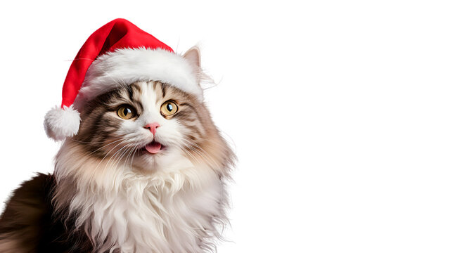 Cat in santa claus hat on white