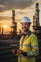 Happy male worker engineer specialist in the oil industry with a tablet in his hands