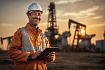 Happy male worker engineer specialist in the oil industry with a tablet in his hands - obrazy, fototapety, plakaty