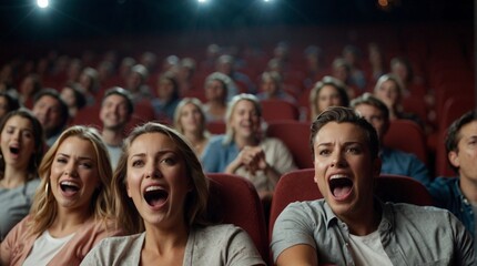 Moviegoers in the cinema are very engrossed in the film