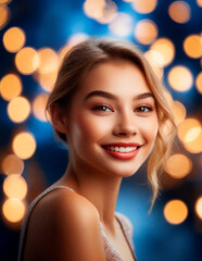 Fototapeta premium Smiling pretty model woman portrait with gold bokeh background. Winter, holidays, celebration concept. Christmas, new year, happy, joyful. Beautiful gorgeous caucasian young girl for ad, advertisement