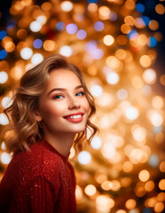 Smiling pretty model woman portrait with gold bokeh background. Winter, holidays, celebration concept. Christmas, new year, happy, joyful. Beautiful gorgeous caucasian young girl for ad, advertisement