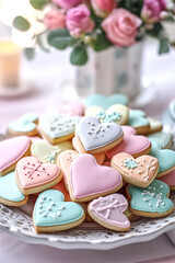 Fototapeta premium A photo of colorful heart shape cookies, displayed on a cute pla