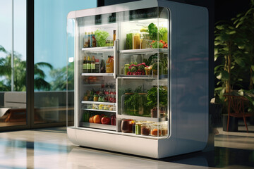A smart fridge filled with food.