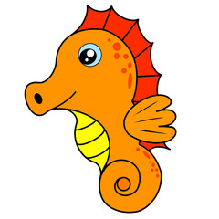 Kawaii smiling orange red sea horse with yellow body swimming in the blue sea