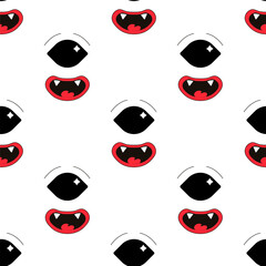 Seamless pattern, characters, weird scary faces, demon eyes