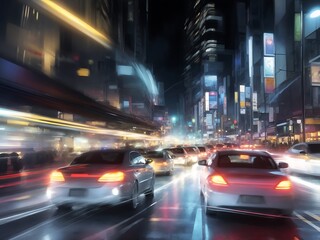 Fototapeta na wymiar High speed luxury sedan driving in the city - futuristic car concept (with grunge overlay) generic and brand less - 3d illustration
