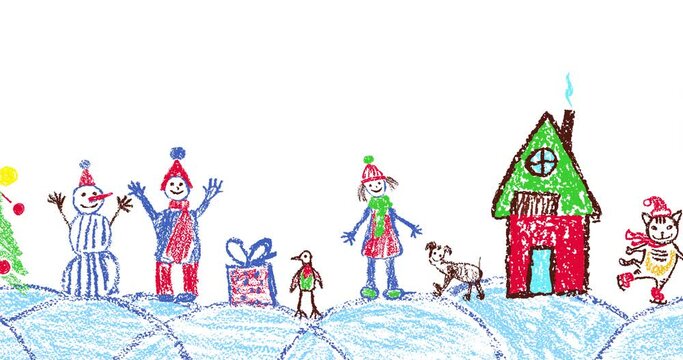 Like child hand drawing Christmas copy space. Moving cartoon landscape. Crayon, pastel chalk or pencil hand paint doodle tree, snowman, kid, boy, girl, gift box, snow, hut. Alpha channel 4K footage