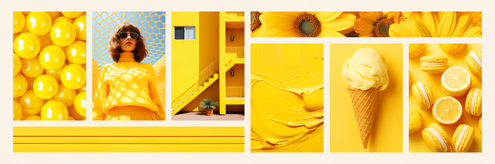 Inspiring fashion mood board. Collage with top colors photos. Yellow aesthetic