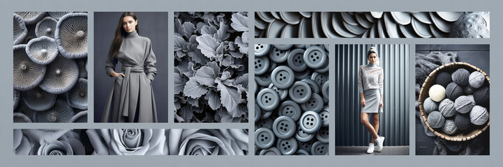 Inspiring fashion mood board. Collage with top colors photos. Grey aesthetic