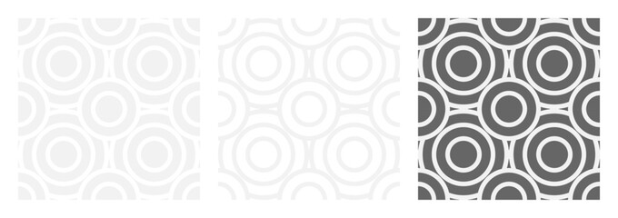 Set of seamless gray patterns of circles arcs lines to create fabric and wallpaper, easy background for Christmas card. Geometric white shapes in trendy retro style for cover decoration.