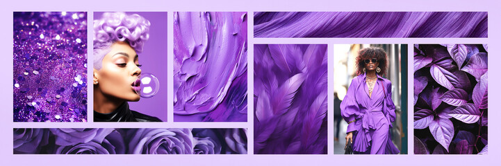 Inspiring fashion mood board. Collage with top colors photos. Purple aesthetic
