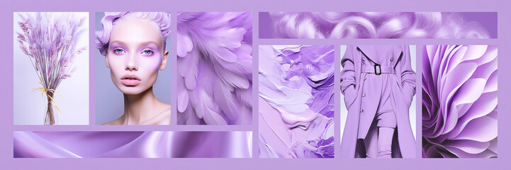 Inspiring fashion mood board. Collage with top colors photos. Purple aesthetic