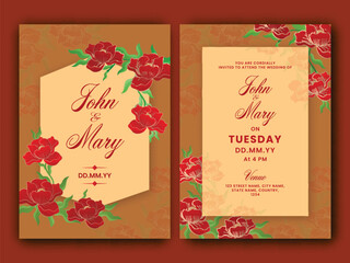 Floral Wedding Invitation Card With Venue Details In Front And Back Side.