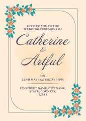Plain Beige Color Wedding Invitation Template Layout Decorated With Floral.