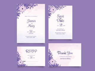 Floral Wedding Invitation Card Suite Presenting on Purple Background for Ready to Print.