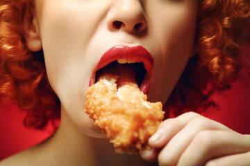 Close up image of woman eating fried chicken - obrazy, fototapety, plakaty