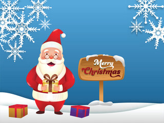 Merry Christmas Sign Board with Cartoon Santa Claus Holding Gift Box and Paper Cut Snowflakes on Blue Snowy Background.