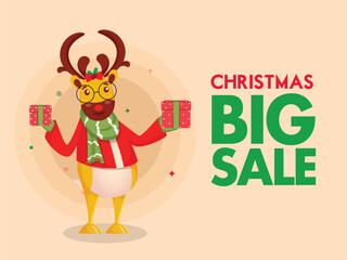 Christmas Big Sale Poster Design with Cartoon Reindeer Holding Gift Boxes on Beige Background.