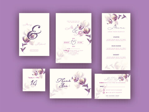 Elegant Floral Wedding Invitation Card Suite Presenting on Purple Background.