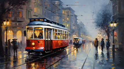 Tram in old city colorful oil paintings landscape - obrazy, fototapety, plakaty