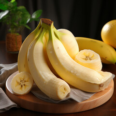 Em um close-up, observamos bananas descascadas dispostas ao lado de outras ainda intactas, sobre uma mesa.