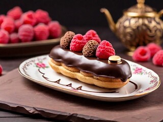 Chocolate eclair served with raspberry on a beautiful plate. French desserts, fancy cafe and...
