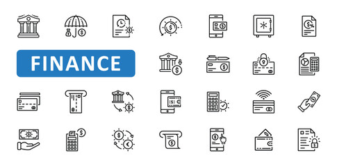 Finance icon set. business, investment, bank, banking, money, savings, profit, income, revenue, credit, card, budget, icons. Editable stroke thin line outline icon collection. Vector illustration