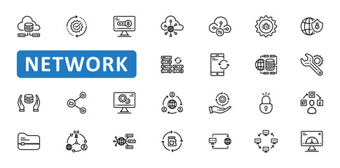 Network icon set. connection, database, server, storage, cloud, data, internet, computer, website, big data, icons. Editable stroke thin line outline icon collection. Vector illustration