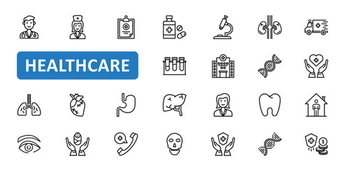 Healthcare icon set. doctor, nurse, care, medical, hospital, treatment, clinic, health, ambulance, emergency, pills, icons. Editable stroke thin line outline icon collection. Vector illustration