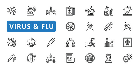 Virus and Flu Icon set. fever, infection, disease, quarantine, vaccine, sneeze, sneezing, cough, icons. Editable stroke thin line outline icon collection. Vector illustration