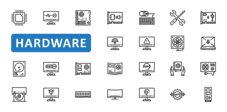 Hardware Icon Set. computer, pc, cpu, motherboard, chip, processor, keyboard, mouse, hdd, ssd, drive, storage, usb, icons. Editable stroke thin line outline icon collection. Vector illustration