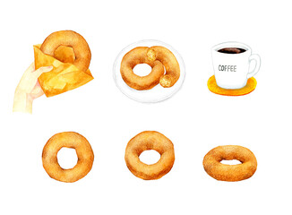 シンプルなプレーンドーナツのセット　スイーツ・お菓子の手描き水彩イラスト素材集