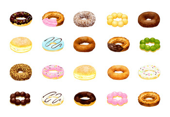 色々なドーナツのセット　スイーツ・お菓子の手描き水彩イラスト素材集